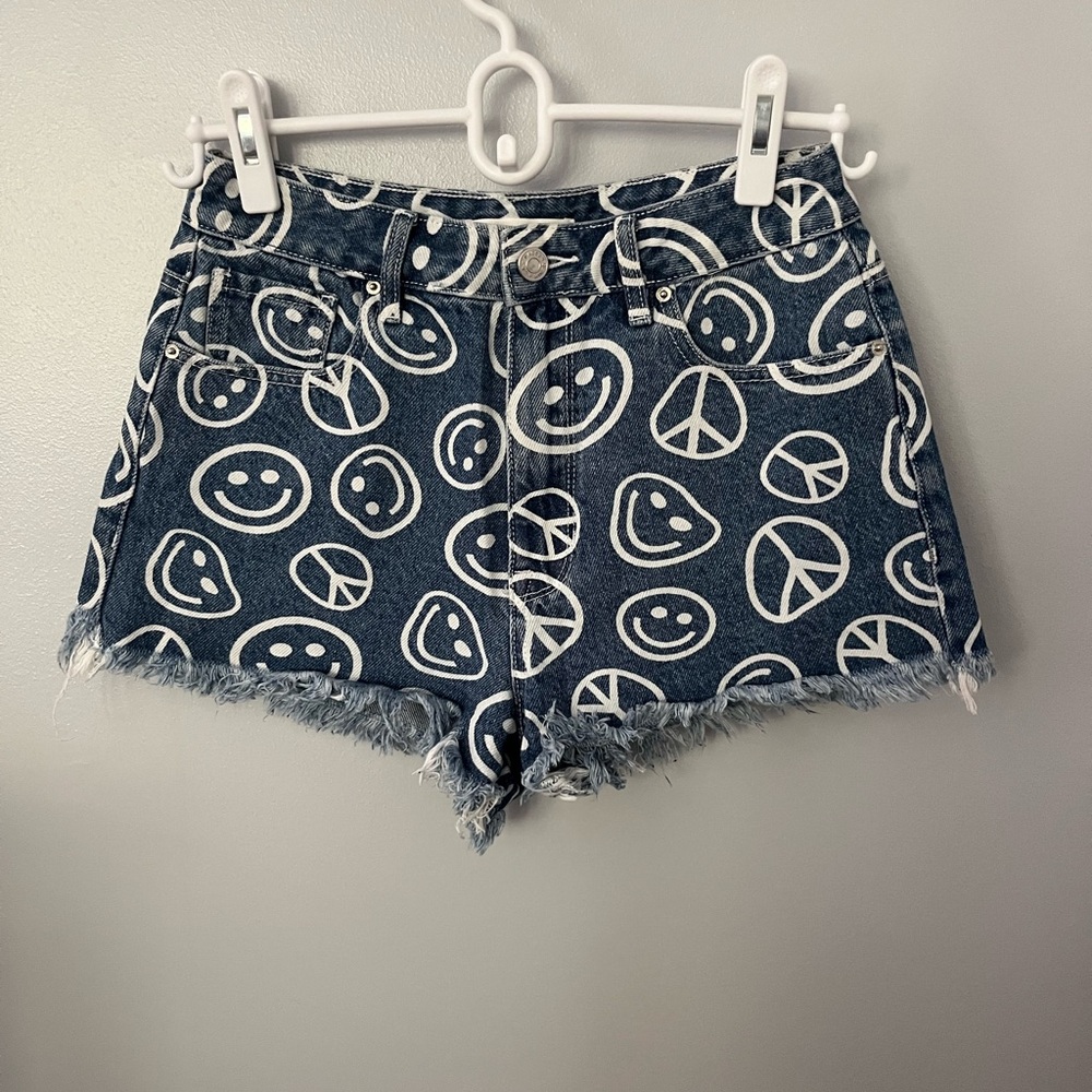 PacSun Blue Jean Shorts with White Smiley and Peace Pattern